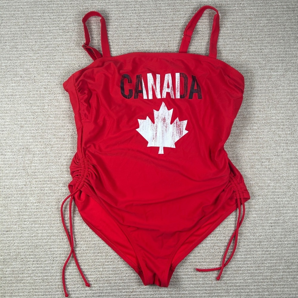 George Plus One Piece Swimsuit Womens 1X Red Canada Maple Leaf Ruched Sporty